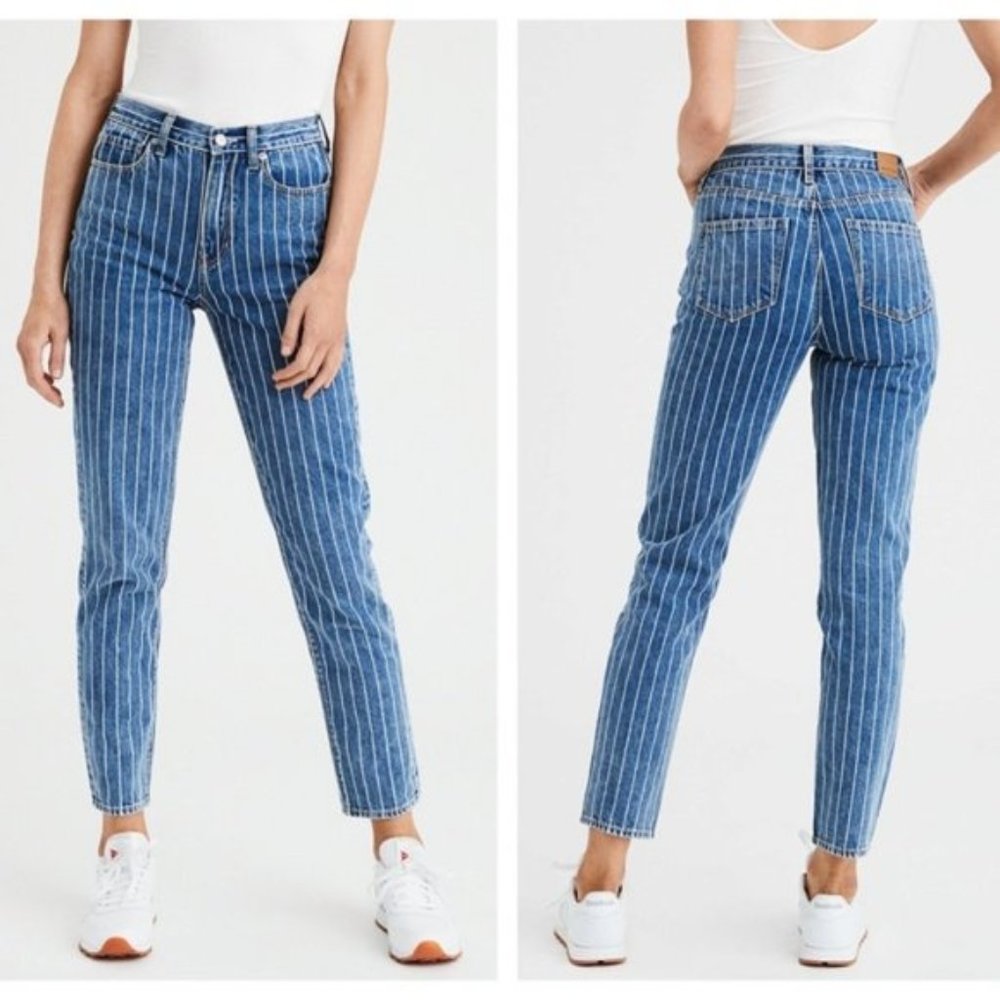 AMERICAN EAGLE High Waisted Mom Jean Pinstripe Blue Wash Size 2 Regular